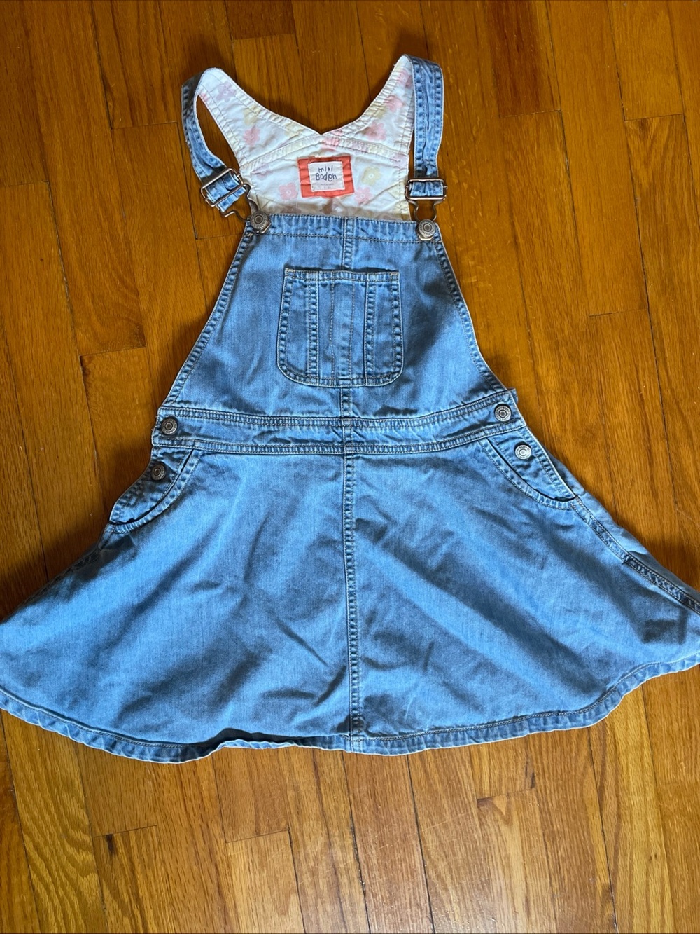 Mini Boden Blue Denim Overall Dress with A-Line Skirt Girl’s Size 7-8